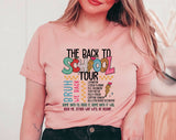 "The Back To School Tour" design on a peach unisex t-shirt