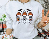 Three Cute Ghosts Drinking Coffee Halloween Sweatshirt, Unisex Crewneck