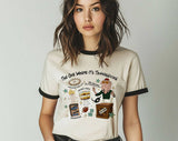 "The One Where It's Thanksgiving Friends" design on a natural ringer t-shirt with black contrast trim