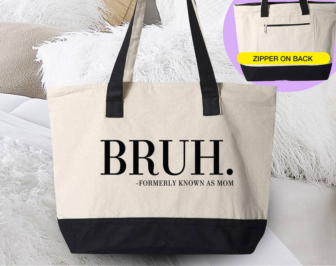 "Bruh. Formerly Known As Mom" design on a natural canvas zippered tote bag