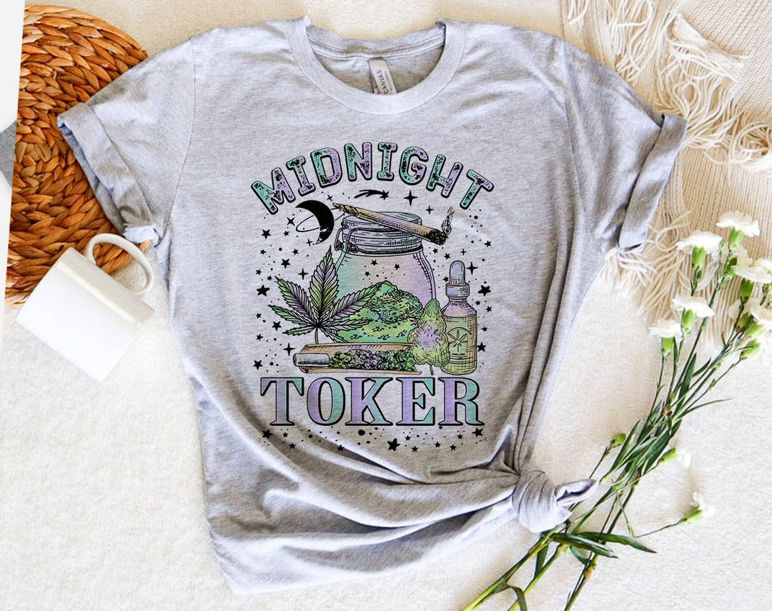 "Midnight Toker Hippie" design on a heather gray unisex t-shirt
