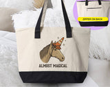 "Almost Magical Funny Unicorn Road Cone" design on a natural canvas zippered tote bag