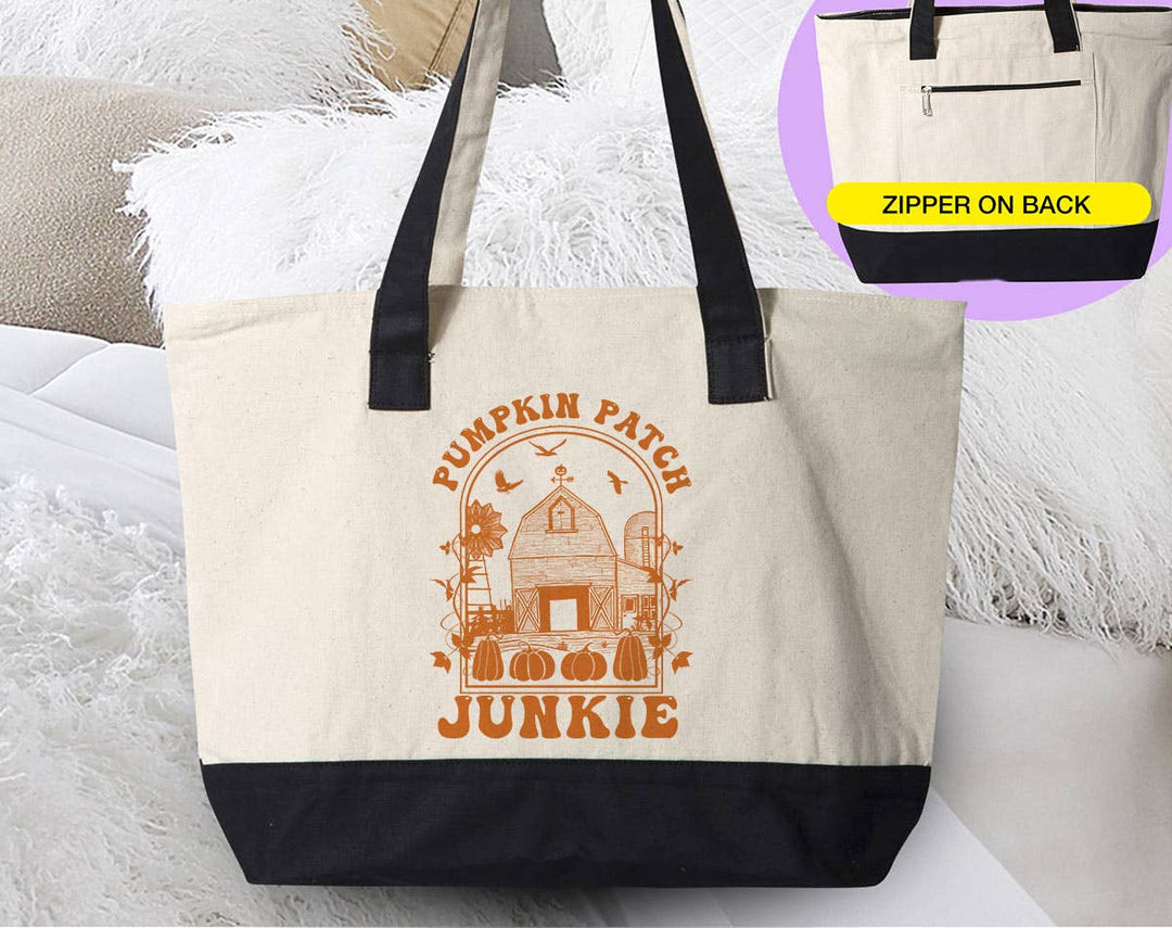 "Pumpkin Patch Junkie" design on a natural canvas zippered tote bag