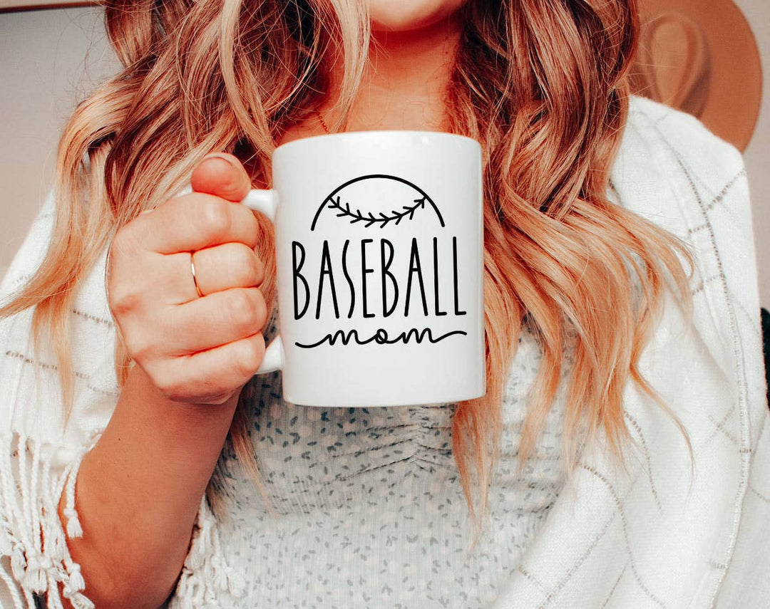 "Baseball Mama" design on a white ceramic coffee mug