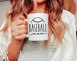 "Baseball Mama" design on a white ceramic coffee mug