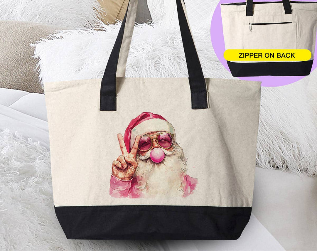 "Santa Claus Peace Bubble Gum" design on a natural canvas zippered tote bag