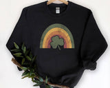 "Vintage Rainbow Clover" design, alternate view, on an ash gray unisex crewneck sweatshirt