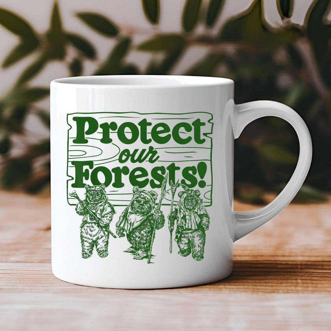 "Protect Our Forests Camping Outdoors" design on a white ceramic coffee mug