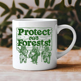"Protect Our Forests Camping Outdoors" design on a white ceramic coffee mug