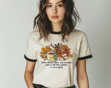 "We're Almost There Gilmore Girls" design on a natural ringer t-shirt with black contrast trim