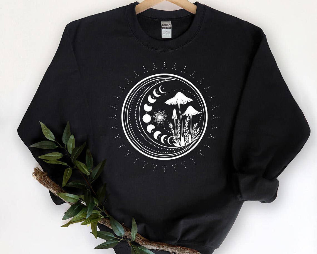 "Magic Mushroom" design on a black unisex crewneck sweatshirt