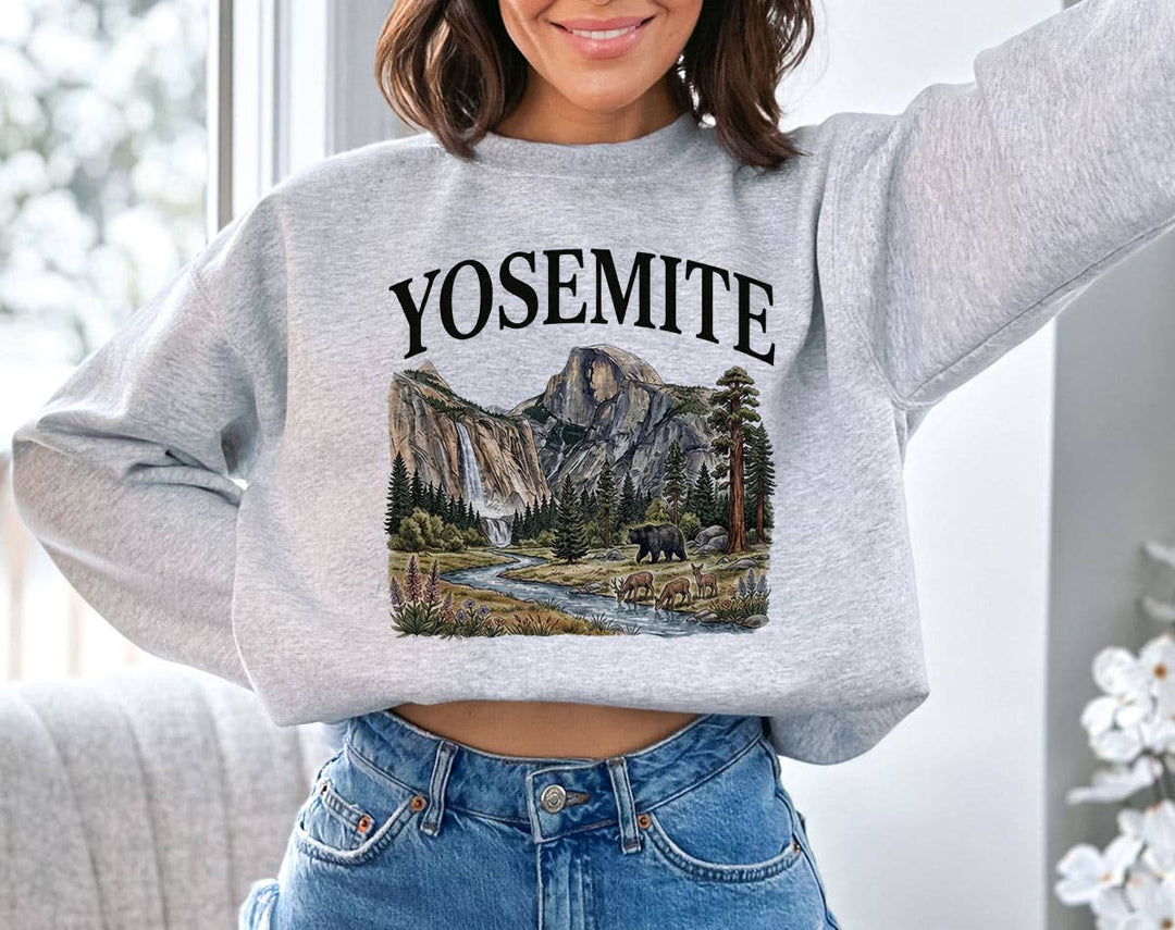 "Yosemite" design on an ash gray unisex crewneck sweatshirt