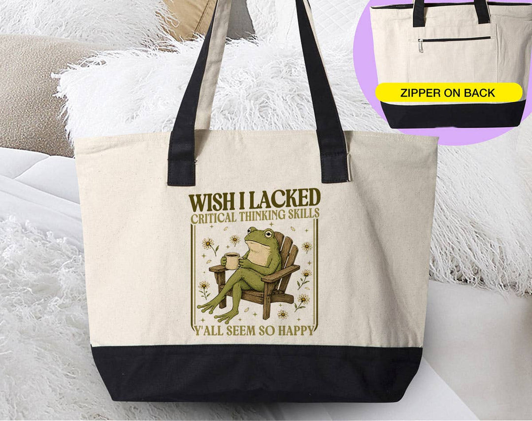 "Wish I Lacked Critical Thinking" design on a natural canvas zippered tote bag