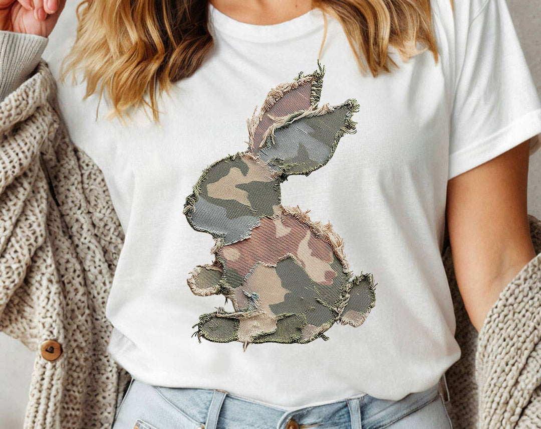 "Camo Bunny Patchwork" design on a white unisex t-shirt