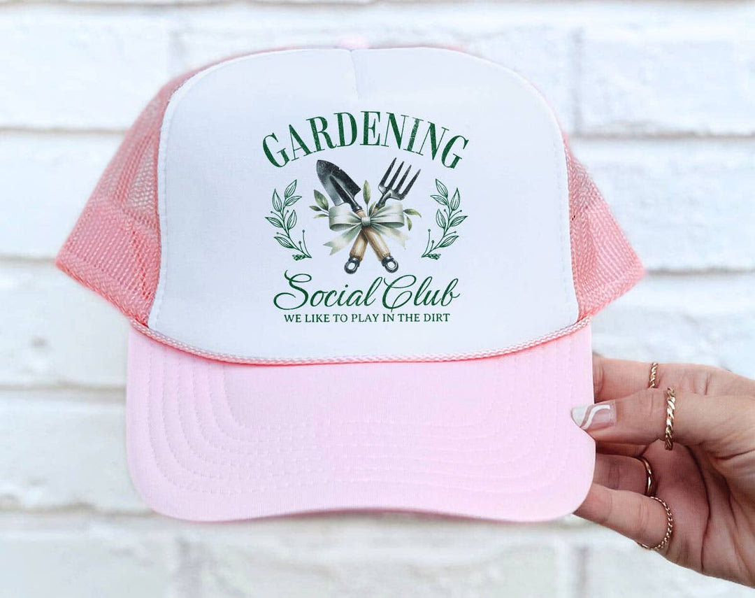 "Gardening Social Club" design on a mesh-back snapback trucker hat