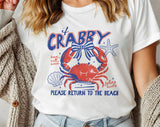 "If Crabby Please Return To The Beach" design on a white unisex t-shirt