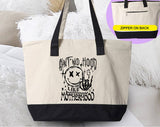 "Ain't No Hood Like Motherhood 2024" design on a natural canvas zippered tote bag