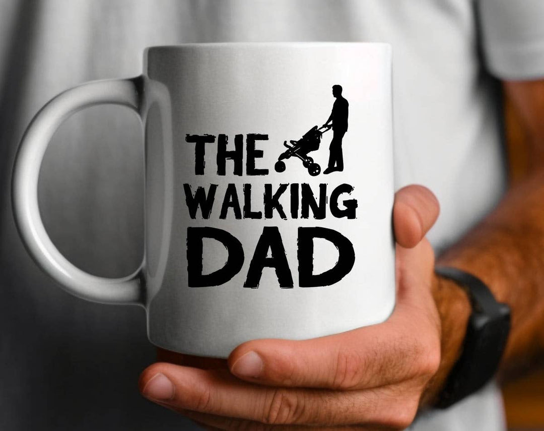 "The Walking Dad" design on a white ceramic coffee mug