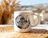 "Always Take The Scenic Route" design on a white ceramic coffee mug