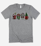 "Christmas Vacation Coffee Cups" design on a heather gray unisex t-shirt