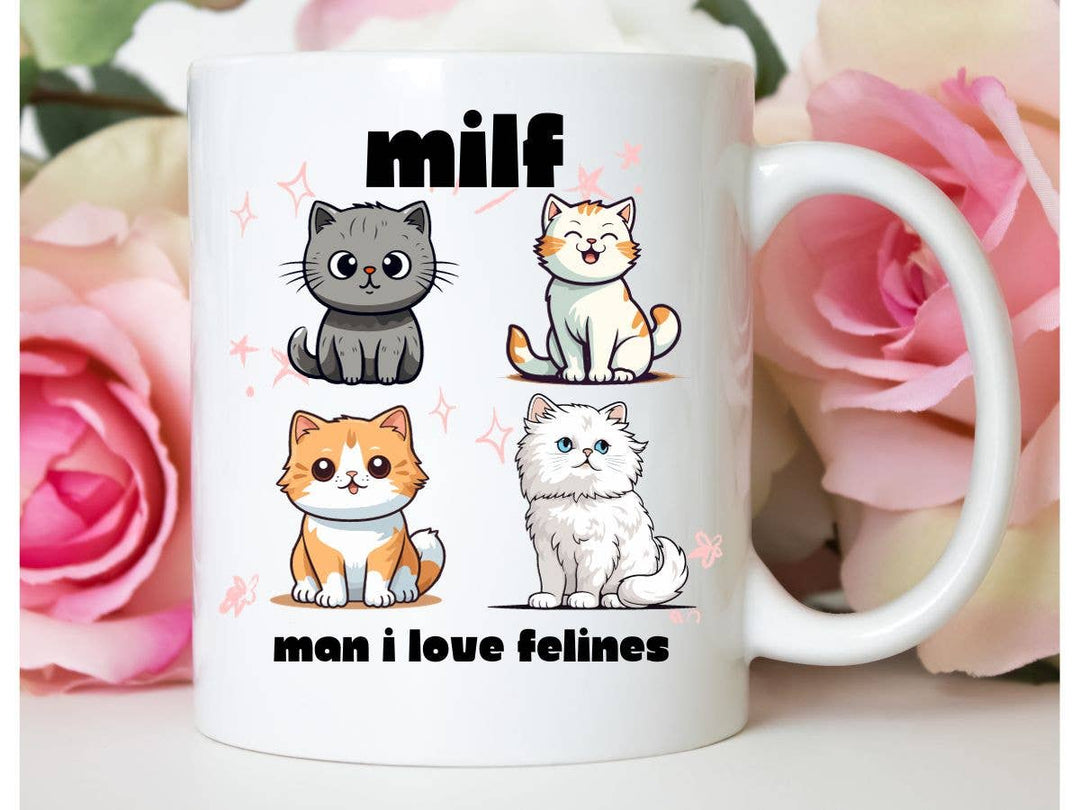 "Funny Cat Milf" design on a white ceramic coffee mug
