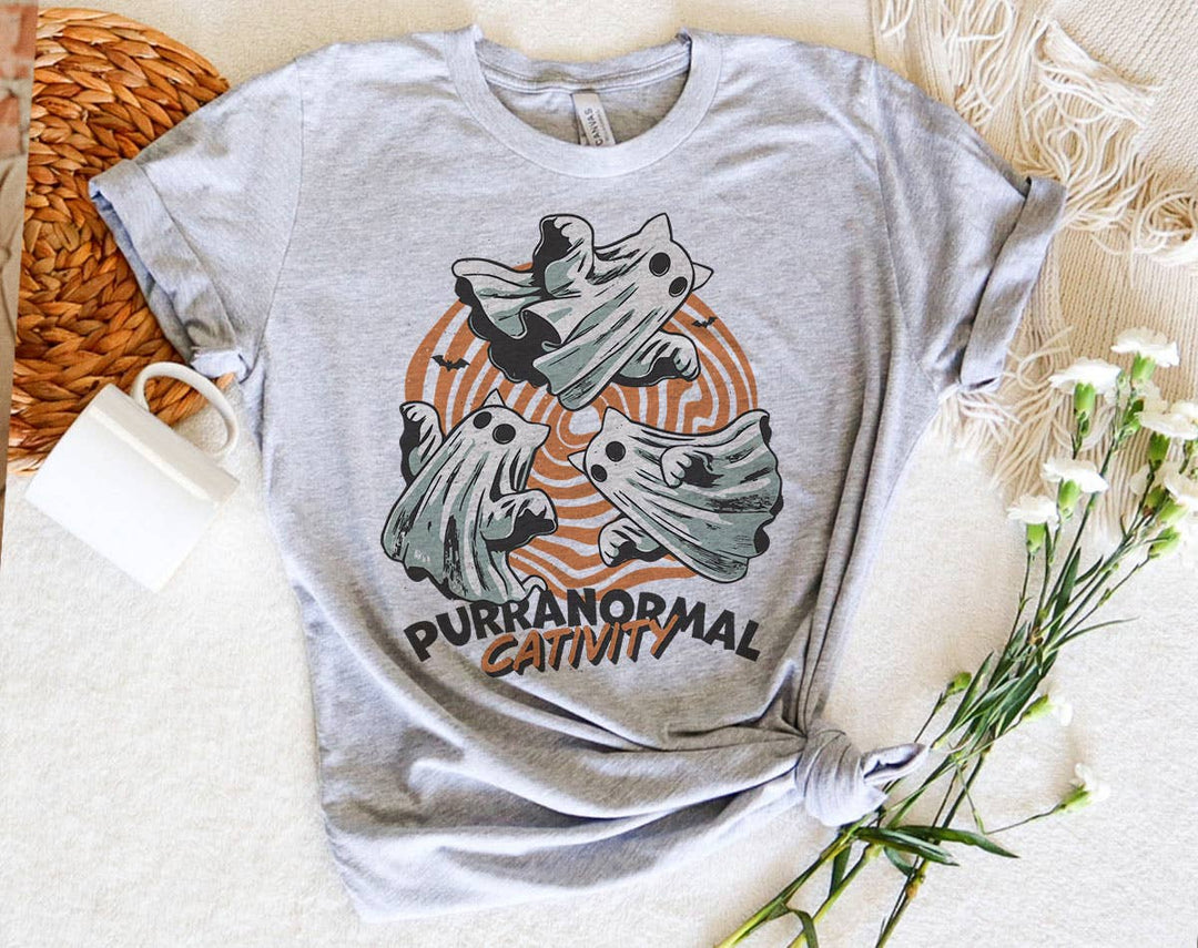 "Purranormal Cativity Cat Ghost" design on a heather gray unisex t-shirt