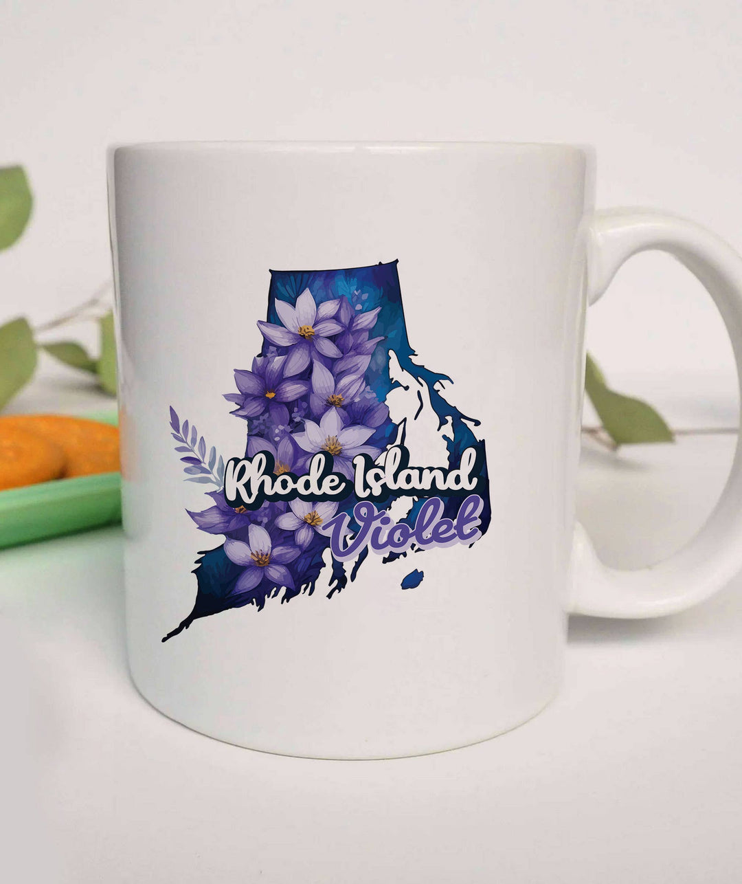 "Rhode Island State Flower Violet" design on a white ceramic coffee mug