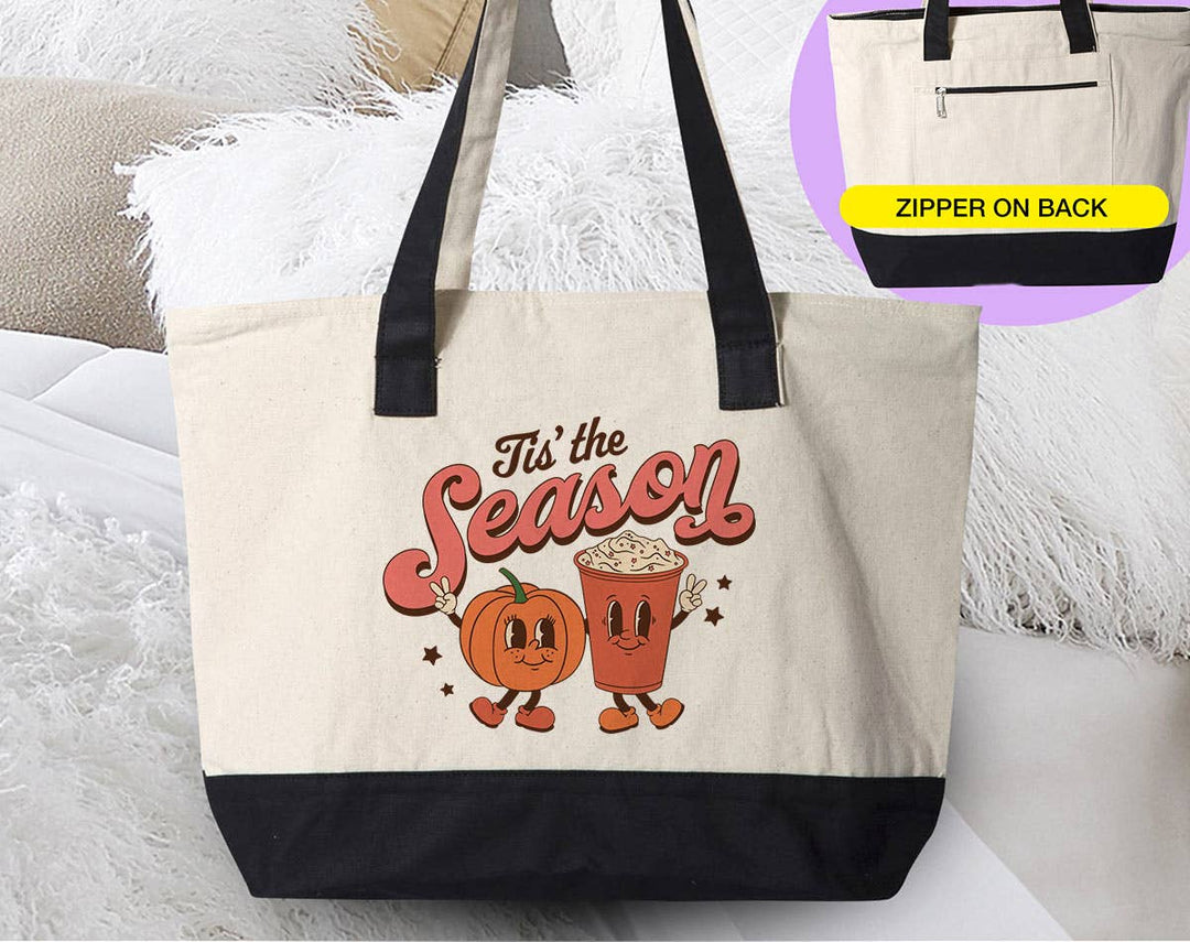 "Tis The Season Retro Pumpkin" design on a natural canvas zippered tote bag