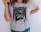 "Muffin Metal" design on a heather gray unisex t-shirt