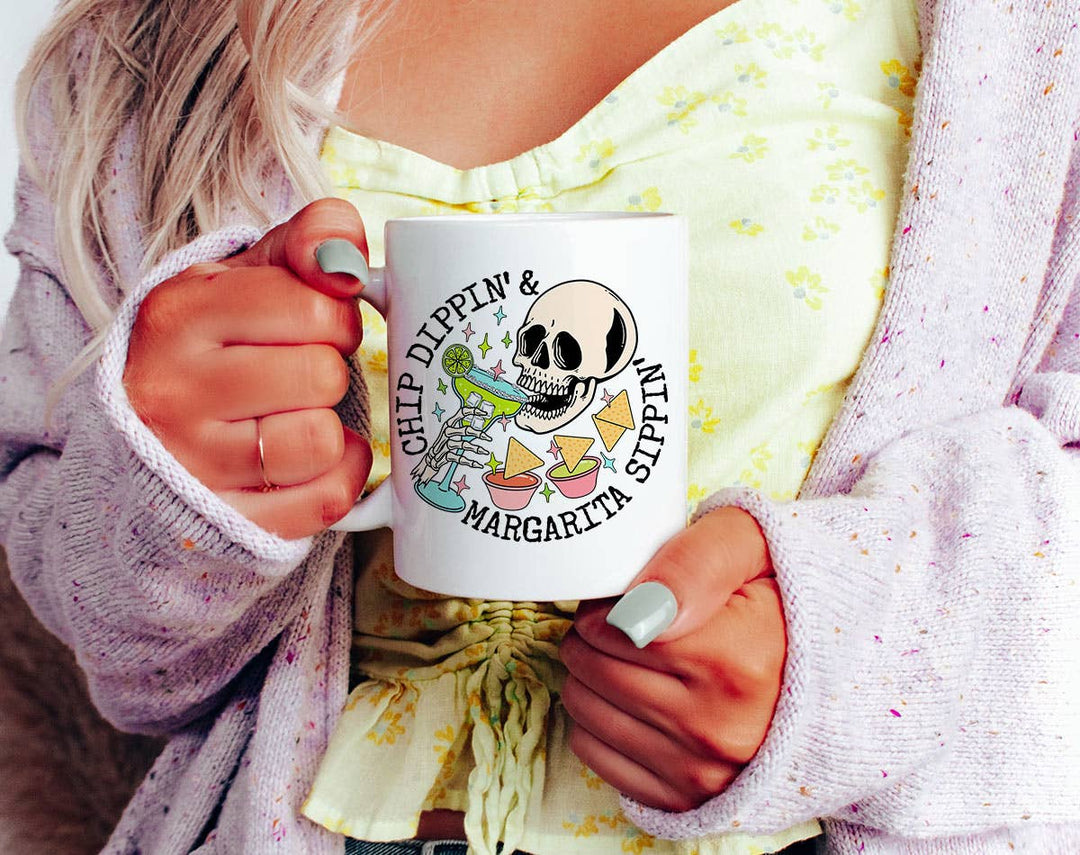 "Chip Dippin Margarita Sippin" design on a white ceramic coffee mug