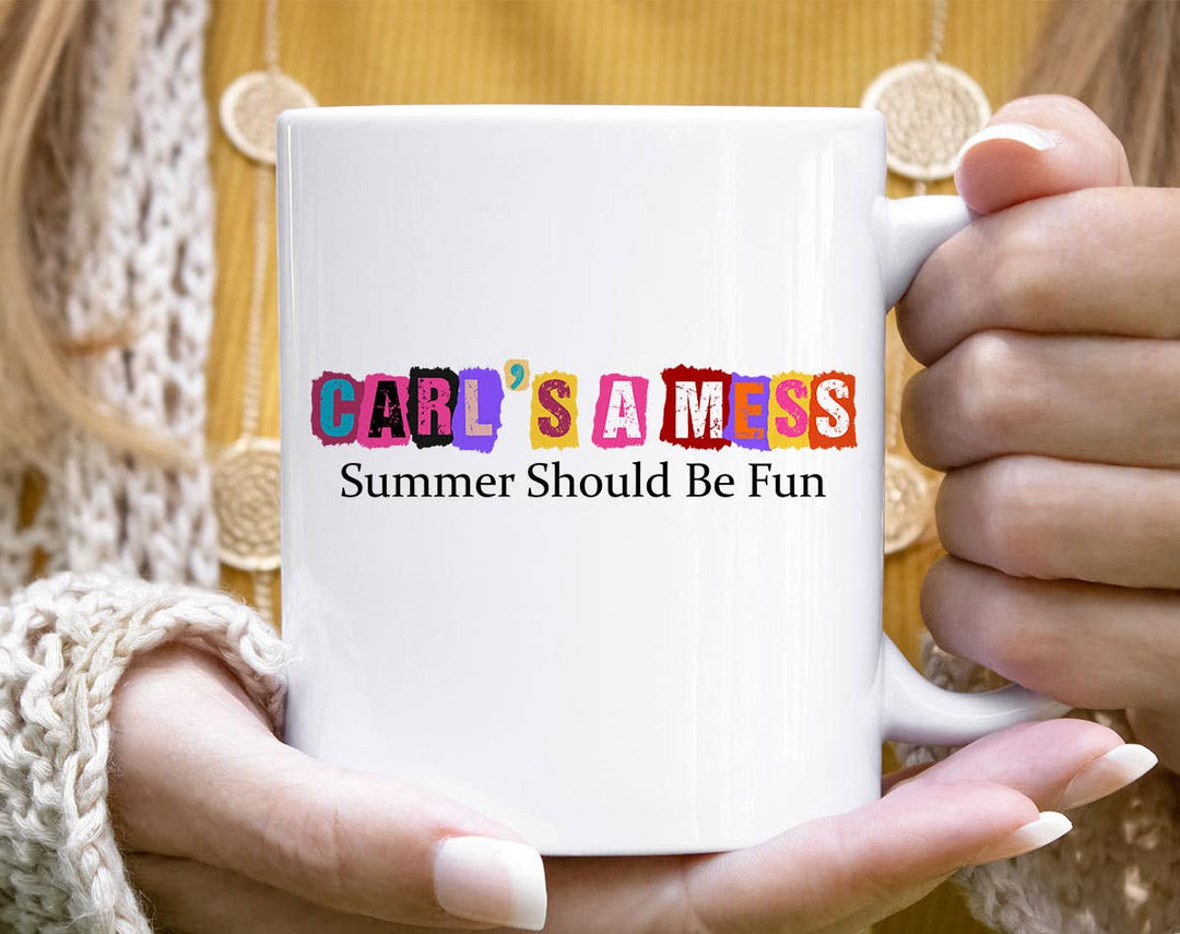"Carl's A Mess Summer House Inspired Reality TV" design on a white ceramic coffee mug