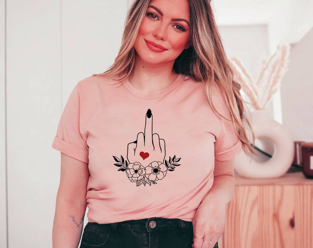"Middle Finger Wreath Heart" design on a peach unisex t-shirt