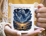"Remember Who You Are T-Rex Chicken Evolution" design on a white ceramic coffee mug