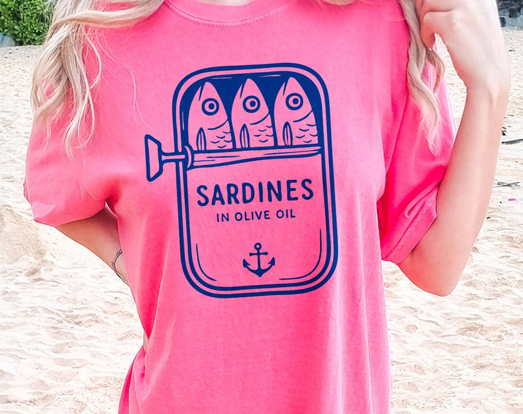 "Sardines Blue Tin" design on a pink watermelon Comfort Colors t-shirt