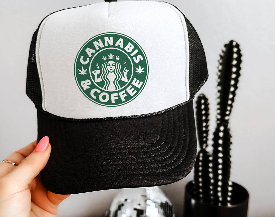 "Cannabis And Coffee" design on a mesh-back snapback trucker hat