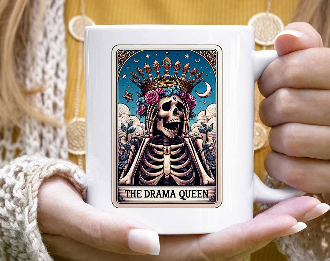 "The Drama Queen" design on a white ceramic coffee mug