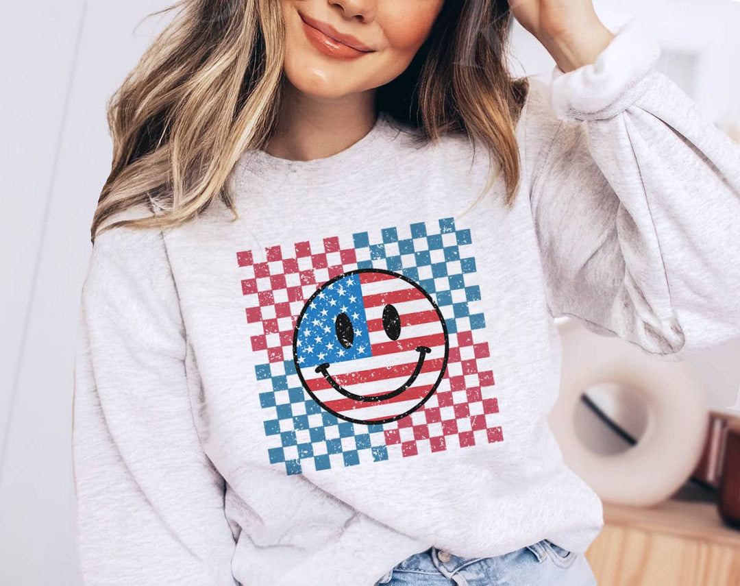 "Retro Smiley Face" design on an ash gray unisex crewneck sweatshirt