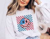 "Retro Smiley Face" design on an ash gray unisex crewneck sweatshirt