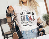"Childless Cat Ladies Social Club" design on a white unisex t-shirt