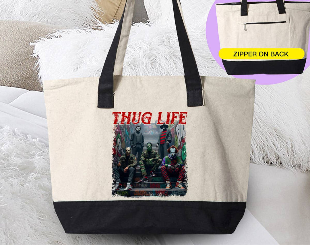 "Thug Life Horror Movie Icons" design on a natural canvas zippered tote bag