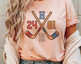 "Heated Rivalry 24 81 Hockey" design on a peach unisex t-shirt