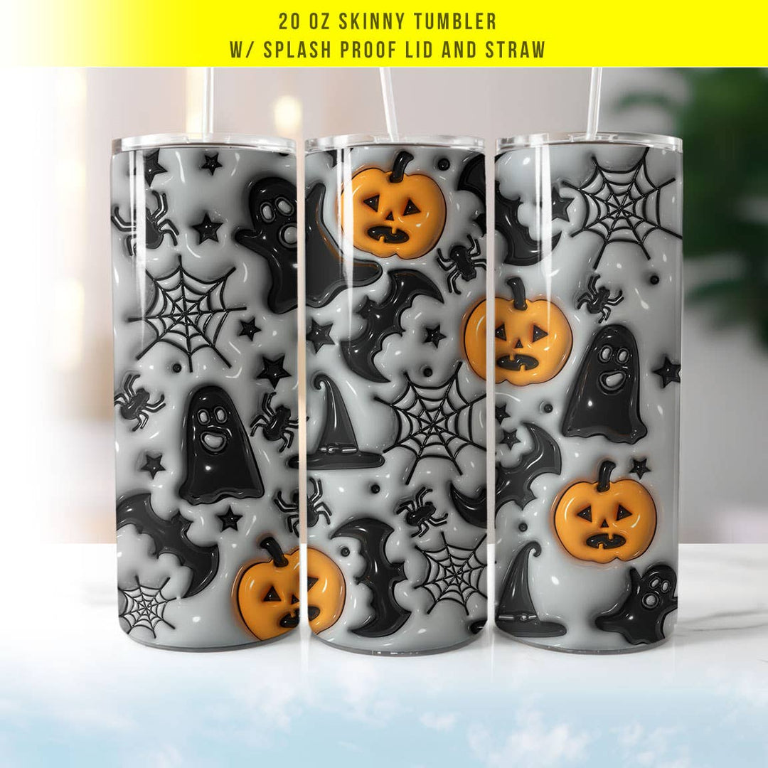 "Cute Pumpkin, Bat and Ghost" design on a 20 oz skinny tumbler with lid and straw