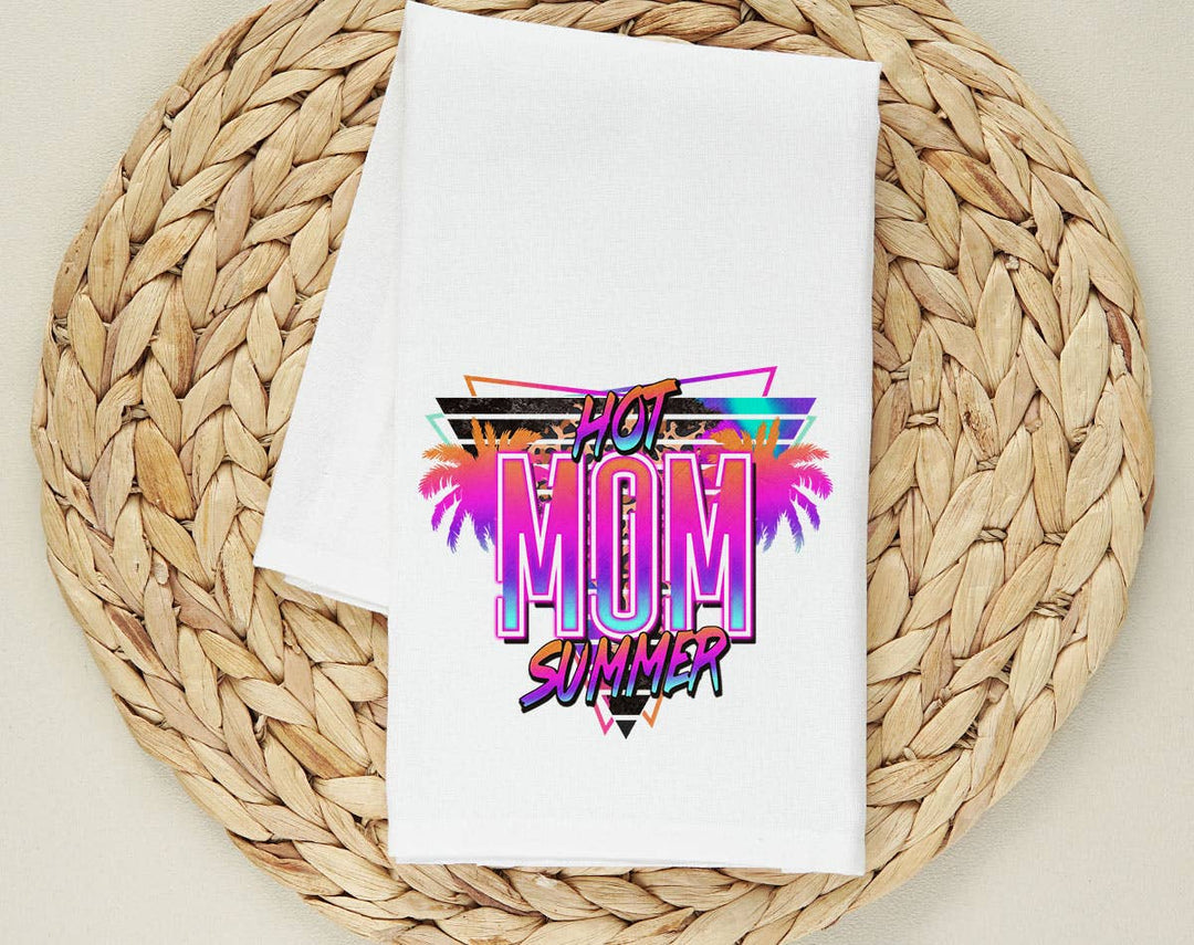 "Hot Mom Summer Retro" design on a white 28 x 28 inch flour sack tea towel