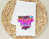 "Hot Mom Summer Retro" design on a white 28 x 28 inch flour sack tea towel