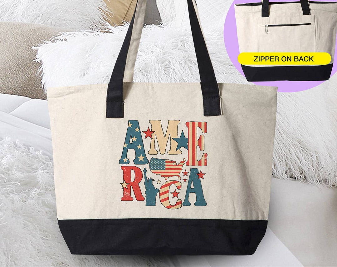 "America Statue Of Liberty" design on a natural canvas zippered tote bag