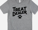 "Treat Dealer Dog" design on a heather gray unisex t-shirt