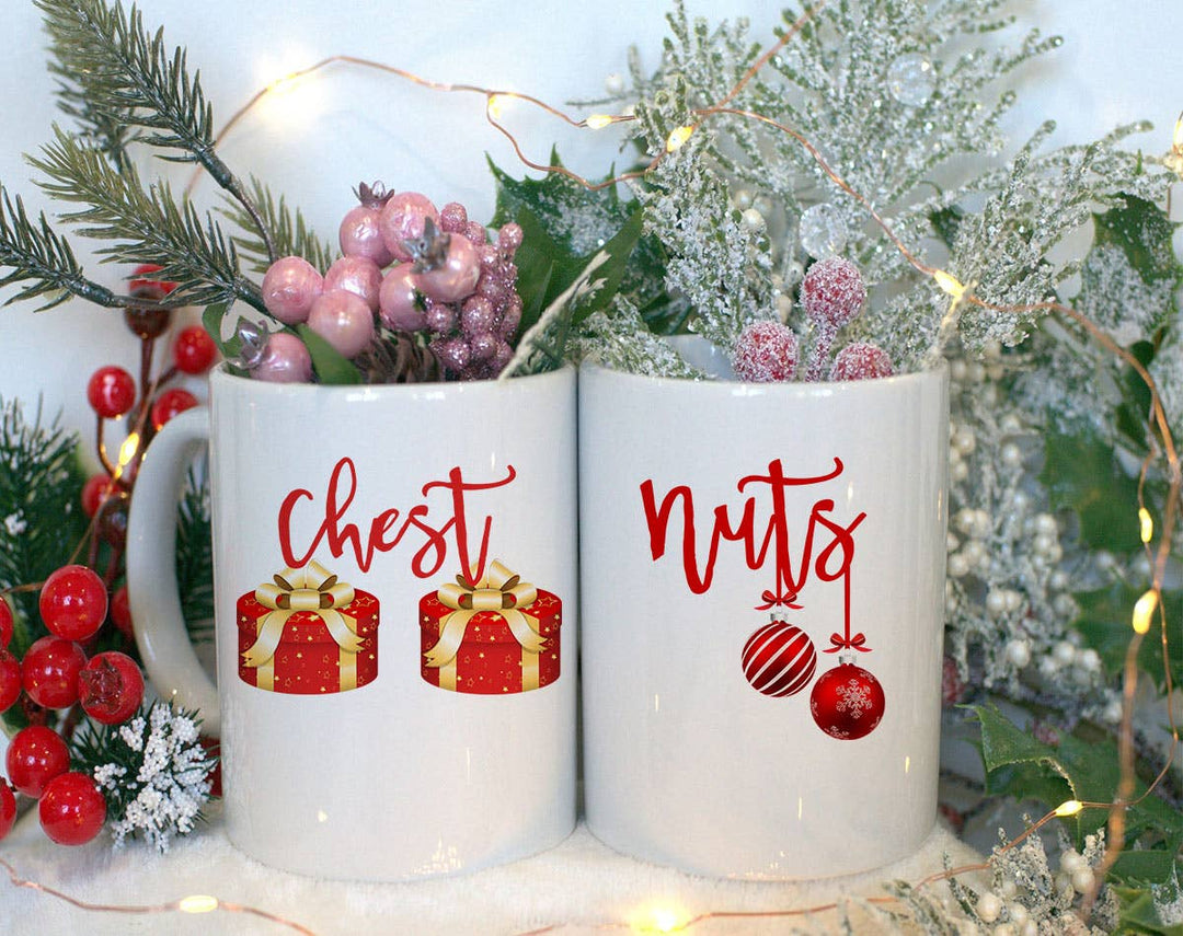 "Chest Nut's Couples" Christmas design on a white coffee mug
