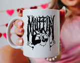 "Muffin Metal" design on a white ceramic coffee mug