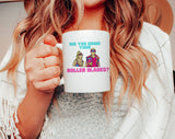 "Bring Your Rollerblades" design on a white ceramic coffee mug