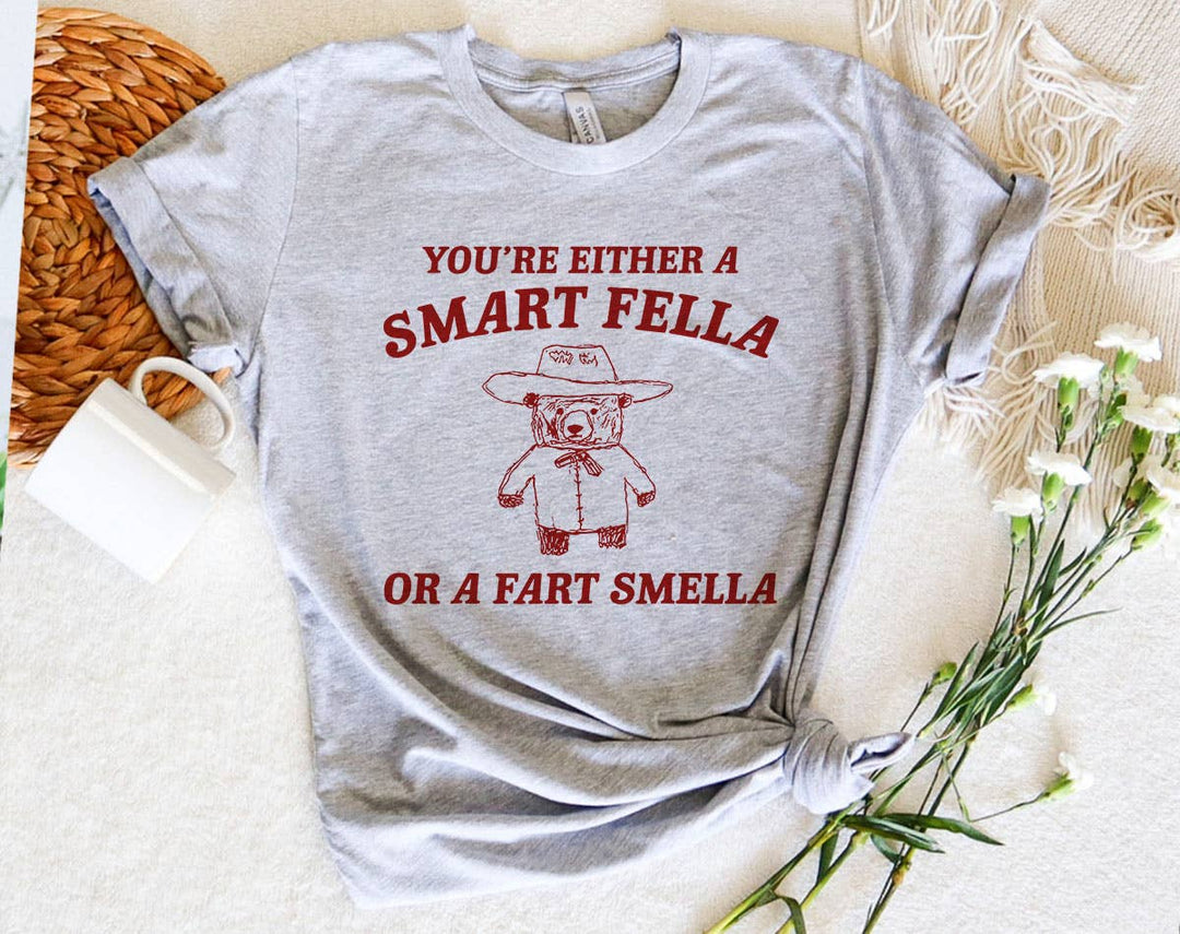 "Smart Fella Or Fart Smella Bear" design on a heather gray unisex t-shirt